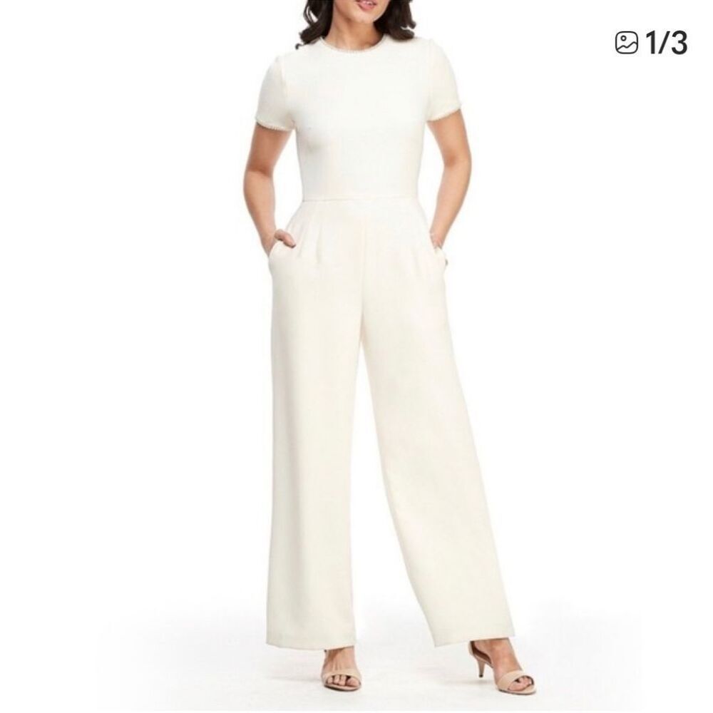 Gal Meets Glam Nadia Pearl Trimmed Cream Crepe Wide leg Jumpsuit Sz 12